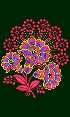 an embroidery pattern with flowers on a black background