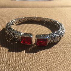 New, Never Worn Beautiful Silver Bracelet With Ruby And Diamond Accents! Can Be Worn With Anything And Has A Unique Design! Luxury Silver Ruby Jewelry, Exquisite Silver Ruby Jewelry, Hand Set Ruby Bracelet In Silver, Ruby Bracelet Silver, Elegant Silver Ruby Bangle, Womens Jewelry Bracelets, Accent Colors, Ruby, Pretty Outfits