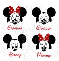 mickey and minnie mouse heads with the name grandma, grandpa, daddy, and mommy