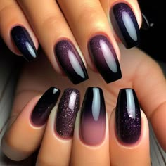 Dark Glitter Ombre Nails, Dark Ombre Nail Designs, Dark To Light Ombre Nails, Cat Eye Nails Design Fall, Dark Purple Ombre Nails Glitter, Dark Ombré Nails, Dark Purple Fall Nails, Purple Fall Nail Designs, Dark Purple Ombre Nails