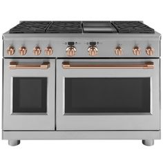 an oven with two burners and three doors on the front, in stainless steel