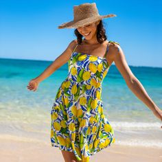 The Positano - Mini Resort Dress by Kenny Flowers | Lemon Print Dress Lemon Dress Outfit, Kenny Flowers, Lemon Print Dress, Suit Measurements, Resort Dress, Summer Energy, Resort Dresses, Lemon Dress, Matching Couple Outfits