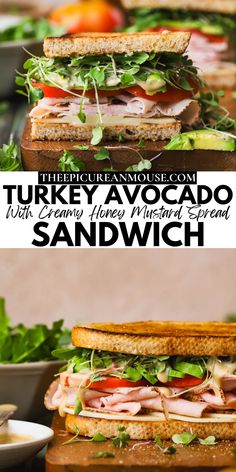 the turkey avocado sandwich is cut in half and stacked on top of each other