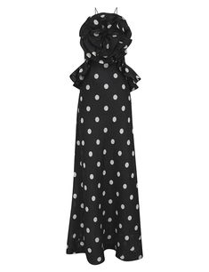 The Crush Ruffle Halter Maxi Dress in Black/Cream Dot from our Resort 2025 Collection, Crush. A silk linen backless maxi dress featuring statement ruffle detailing at the bust and side edges, adjustable criss-cross back straps and an invisible side zip. Summer Maxi Dress With Ruffled Straps For Formal Events, Summer Formal Maxi Dress With Ruffled Straps, Formal Summer Maxi Dress With Ruffled Straps, Formal Maxi Dress With Ruffled Straps For Summer, Cocktail Maxi Dress With Ruffled Straps, Silk Ruffled Maxi Dress, Chic Silk Dresses With Ruffled Straps, Silk Ruffle Dress For Summer Evenings, Silk Ruffle Dress For Evening In Summer