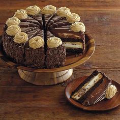 a chocolate cake with white frosting and two slices on a wooden platter next to it