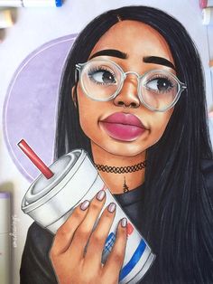 a drawing of a woman with glasses holding a drink and looking at the camera, surrounded by crayons