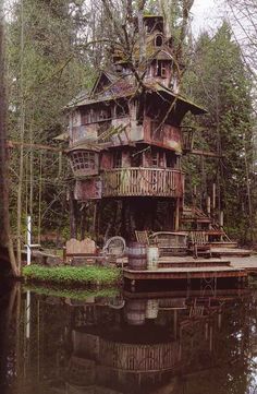 an old wooden house sitting on top of a lake in the woods next to a forest