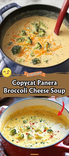 broccoli cheese soup in a red pot with the words copycat panera broccoli cheese soup