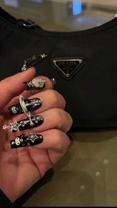 Black Nails Charms, Silver Gold Nails, Black Nails With Cross Charm, Black Nails With Gold Charms, Black Nails Silver Charms, Nail Board, Kawaii Nails