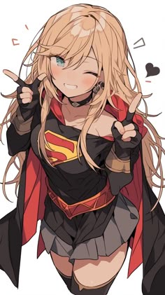 an anime character with long blonde hair and blue eyes wearing a black outfit, holding her arms out