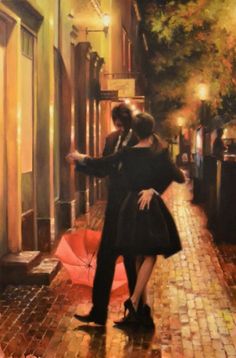 a painting of two people hugging on the street