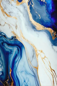 an abstract painting with blue, gold and white colors