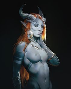 an image of a woman with horns on her head and red hair in the dark