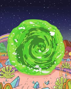 an animated image of a giant green ball in the middle of a desert with rocks and plants around it