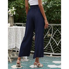 Navy Blue High Waist Cropped Pants with Tie Blue Ankle-length Solid Color Bottoms, Chic Solid Blue Pants, Chic Blue Solid Color Pants, Navy High Waist Casual Pants, Navy Straight Leg Bottoms For Summer, Blue Solid Color Wide-leg Pants, Casual High Waist Navy Pants, Navy Casual Summer Pants, Casual Navy Pants For Summer