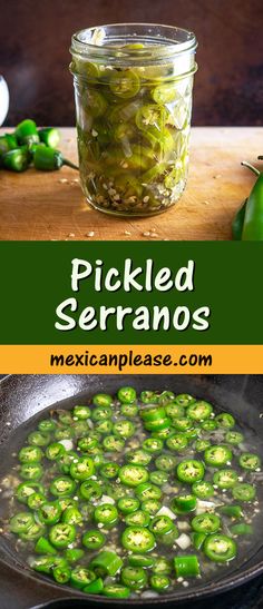 pickled serranos in a skillet next to a glass jar filled with green peppers