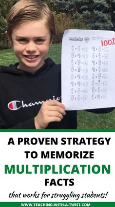 a boy holding up a piece of paper with the words, a proven strategy to memoize