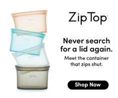 three containers stacked on top of each other with the text zip top never search for a lid again meet the container that zippers shut