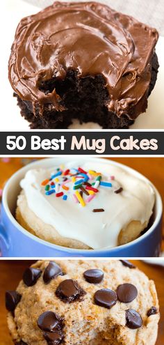 chocolate cake with white frosting and sprinkles on top is shown in the bottom photo