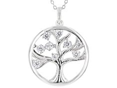 Bella Luce ® white diamond simulant 1.08ctw round, rhodium over sterling silver tree of life pendant with chain. Measures approximately 1.13"L x 0.88"w and has an 18" cable chain with a spring ring closure. The diamond equivalent weight is 0.63ctw. Tree Of Life Round Pendant Jewelry For Anniversary, Tree Of Life Round Jewelry For Anniversary, Sterling Silver Tree Of Life Jewelry For Anniversary, Life Jewelry, Tree Of Life Jewelry, Silver Tree, Man Made Diamonds, Pendant With Chain, Diamond Simulant