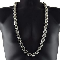 Men's 36" inch hollow rope dookie hip hop chain necklace. Silver tone finish, spring ring clasp to lock your dookie rope chain securely. Made in Korea for a superior jewelry piece. Measures 16mm thick and 36" inches long. Chain is made from twisted brass metal. 100% FREE SHIPPING in USA. Order now!