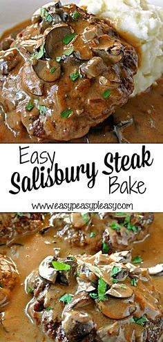 steak with mushrooms and gravy is served in a white bowl on top of mashed potatoes