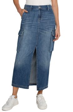 A season-spanning denim maxi skirt is updated with cool cargo pockets and a stem-showing front vent. 35 1/2" length (size Medium) Zip fly with button closure Side-seam pockets; back pockets; side cargo pockets Front vent 82% cotton, 18% rayon Machine wash, tumble dry Imported Maxi Cargo Skirt, Denim Cargo Skirt, Denim Maxi, Denim Maxi Skirt, Cargo Skirt, Men Fits, Womens Size Chart, Petite Size, Skirts For Sale