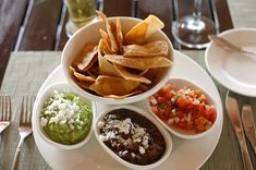 a plate with chips, salsa and guacamole