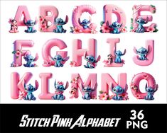 the letters and numbers are made up of cartoon characters, such as stitch - n - pin alphabets