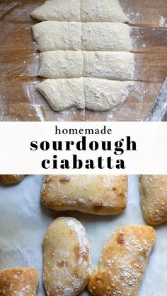 homemade sourdough ciabatta on a cutting board with text overlay that reads homemade sourdough ciabatta