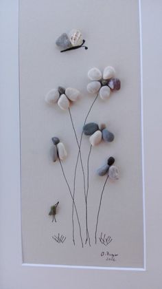 some rocks and sea shells are arranged in a white framed art piece with a bird perched on one of them