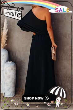 One-shoulder Solid Split Side Maxi Dress P13797 Elegant Sleeveless Off Shoulder Dress For Vacation, Elegant Cold Shoulder Dresses For Vacation, Elegant Cold Shoulder Vacation Dress, Black One Shoulder Maxi Dress For Spring, Black Sleeveless Off Shoulder Dress For Spring, Casual Off-shoulder Maxi Dress For Party, Black Cold Shoulder Summer Dress, Black Off-shoulder Maxi Dress For Vacation, Casual One-shoulder Maxi Dress For Party