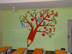 an apple tree painted on the side of a classroom wall with numbers and pencils