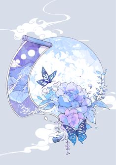 a blue umbrella with flowers and butterflies on it's side, against a cloudy sky