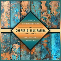 the copper and blue patina background is shown with gold trimmings on it