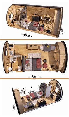 two views of the inside and outside of a small boat with beds, desks and chairs