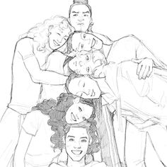 a black and white drawing of four people posing for the camera with their arms around each other