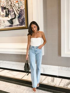 Tube Top Outfit Night Out, Jeans And Strapless Top, Tube Top And Dress Pants, Strapless Top With Jeans, Strapless Top And Jeans Outfit, White Tube Top Outfit Jeans, Denim Bandeau Top Outfit, White Strapless Top Outfit, Strapless Bodysuit Outfit