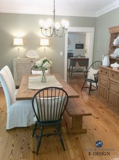 the dining room table is set with chairs