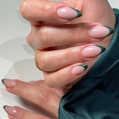 Holiday Nail Inspiration for Your Next Manicure - Jena Green Short Almond Nails Acrylic, Dark Green French Tip, Nails Acrylic Medium, Dark Green French, Gel French Tips, Green French Tip, Ongles Gel French, Nails Short Almond, French Tip Gel Nails