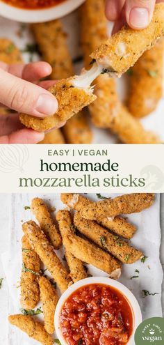 homemade mozzarella sticks with marinara sauce and parmesan breadsticks