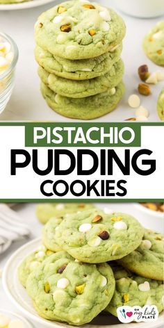 pistachio pudding cookies stacked on top of each other