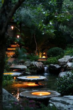 a garden with rocks and water features lit by lights in the center, surrounded by greenery