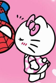 hello kitty and spiderman kissing each other in front of a pink background with hearts