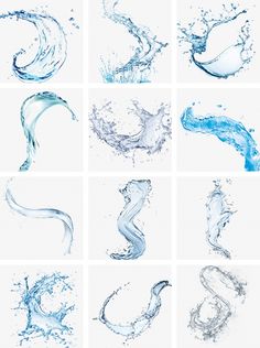 six different images of water splashes and swirls in various shapes, sizes and colors