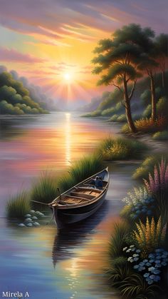 a painting of a boat on the water with trees and grass in the foreground