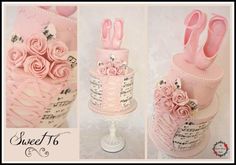 three photos of pink wedding cakes decorated with flowers and scissors on each cake stand, the first photo has been made to look like roses