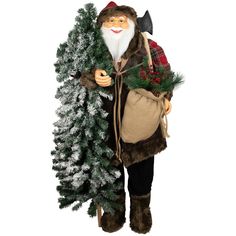 a santa clause holding a christmas tree and sack