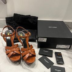 These Beautiful Shoes Are Very Lightly Worn With New Soles. They Come With All Original Packaging, Dust Bags, Replacement Heel Taps, Paperwork And Box. European Size 40. Heel Taps, Heel Tap, Yves Saint Laurent Shoes, Leather Platform Sandals, Saint Laurent Shoes, Platform Sandals, Beautiful Shoes, Yves Saint Laurent, Dust Bag