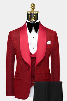 The Gentleman's Guru Red Glitter Tuxedo - 3 Piece, is a captivating ensemble that brings together sophistication and a touch of glamour. Meticulously crafted with the modern gentleman in mind, this tuxedo is designed to make a lasting impression at any upscale event or celebration. The Red Glitter Tuxedo features a slim-fit cut, ensuring a contemporary and tailored appearance that complements your physique effortlessly. For those seeking a custom tuxedo fit, we offer a custom-size option, ensuri Tailored Evening Party Wear Suits, Elegant Tuxedo For Festive Party, Elegant Tuxedo For Gala And Festive Occasions, Luxury Fitted Evening Sets, Luxury Fitted Evening Set, Glamorous Tailored Wedding Suits, Fitted Party Wear Sets For Gala, Elegant Evening Sets For Party Season, Luxury Evening Sets With Suit Collar